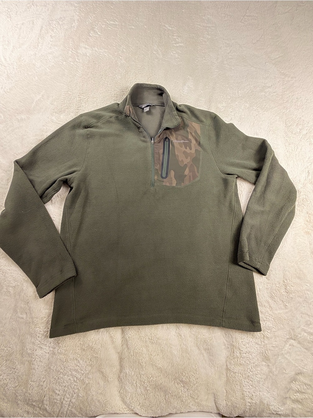 Eddie Bauer Olive Green Quarter-Zip Fleece with Camo Chest Panel M